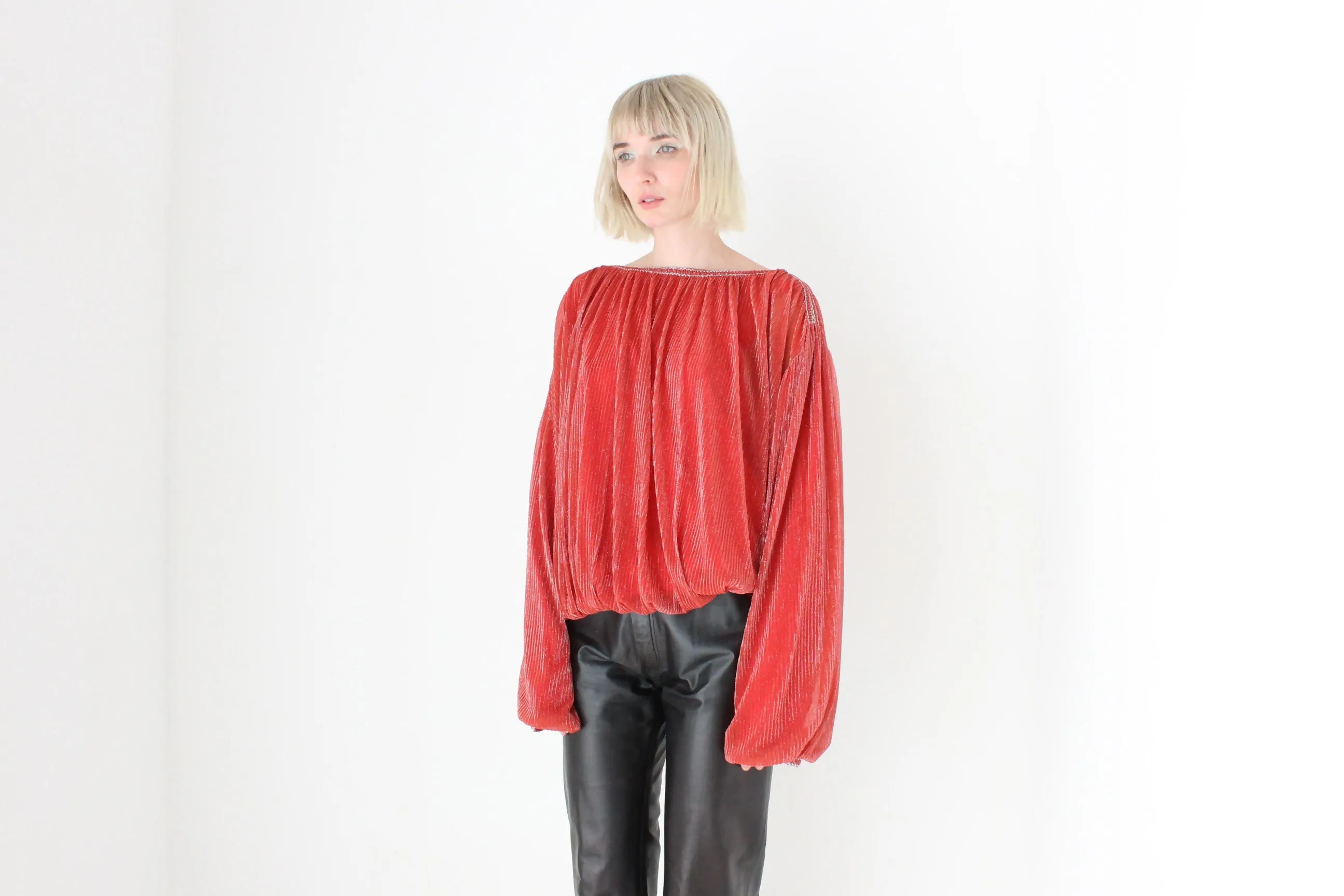 1970s Made for Disco Lurex Plisse Voluminous Top