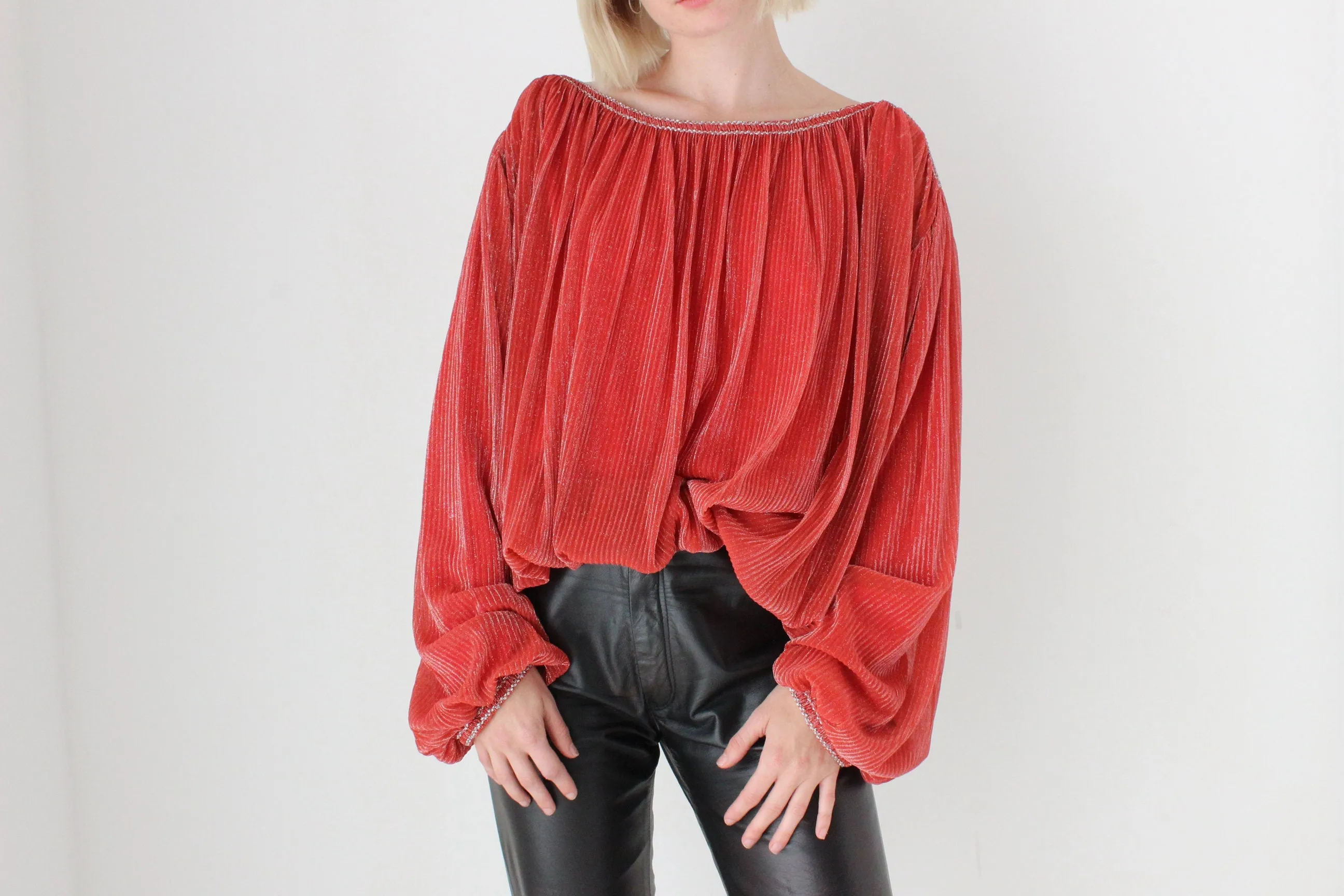 1970s Made for Disco Lurex Plisse Voluminous Top