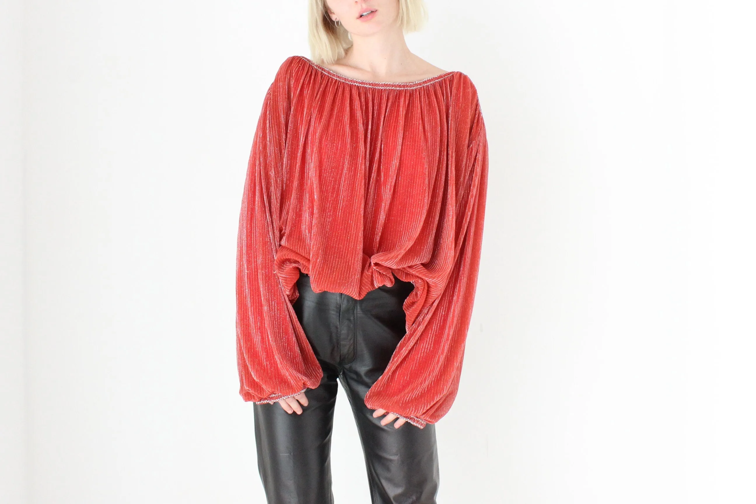1970s Made for Disco Lurex Plisse Voluminous Top