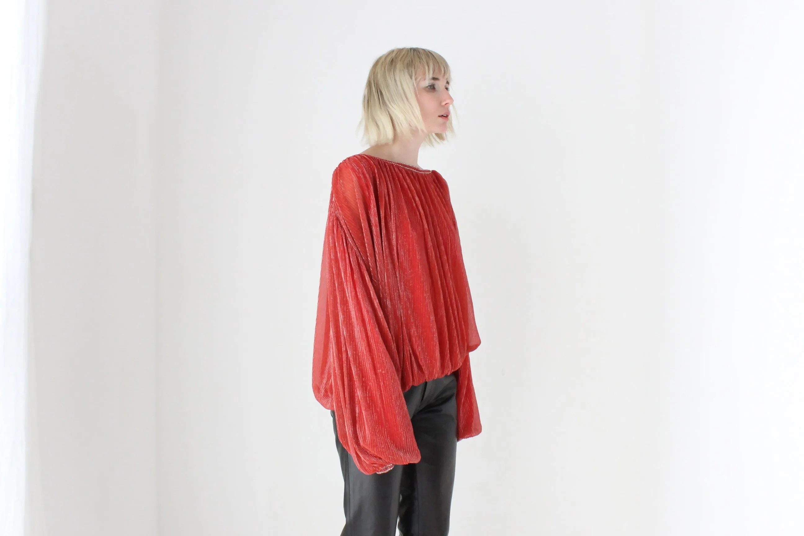 1970s Made for Disco Lurex Plisse Voluminous Top