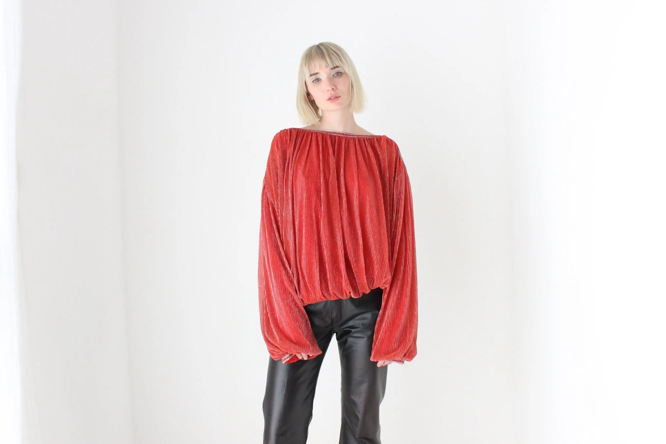 1970s Made for Disco Lurex Plisse Voluminous Top