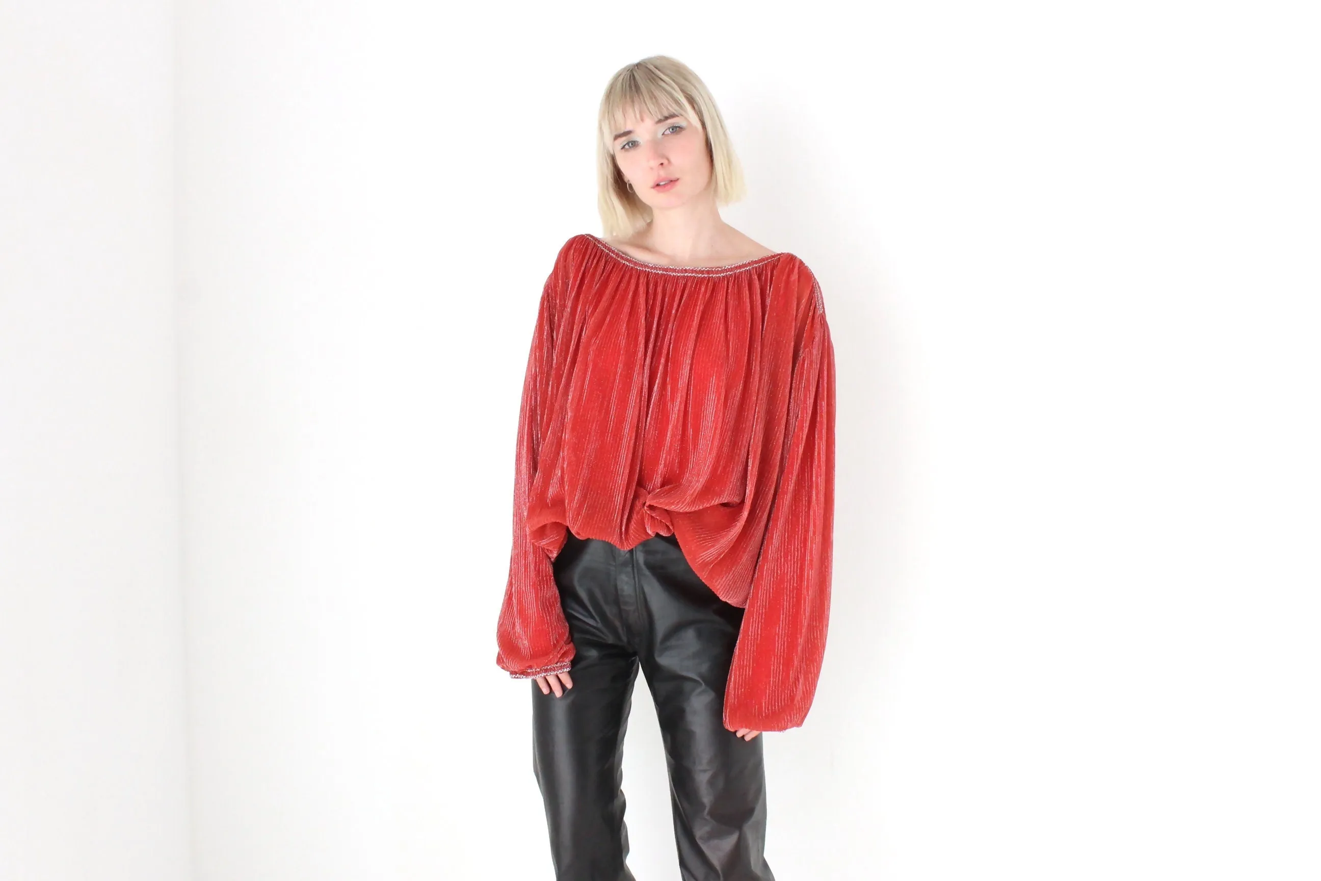 1970s Made for Disco Lurex Plisse Voluminous Top