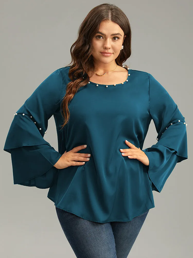 Anti-Wrinkle Pearl Beaded Ruffle Layered Sleeve Blouse