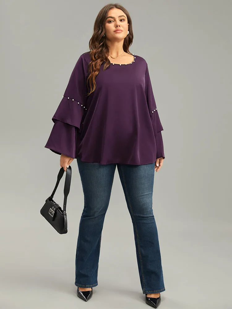 Anti-Wrinkle Pearl Beaded Ruffle Layered Sleeve Blouse
