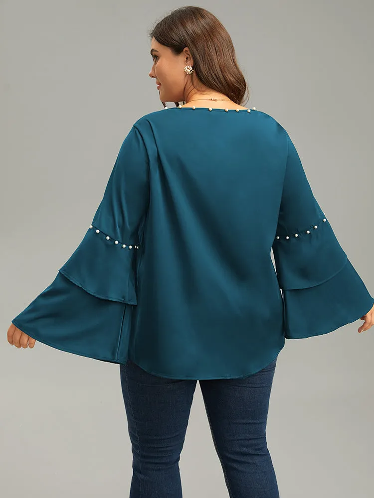 Anti-Wrinkle Pearl Beaded Ruffle Layered Sleeve Blouse