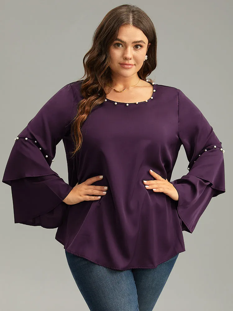 Anti-Wrinkle Pearl Beaded Ruffle Layered Sleeve Blouse