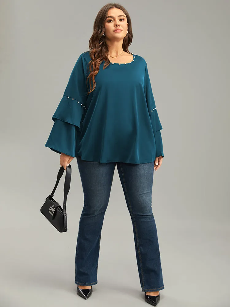 Anti-Wrinkle Pearl Beaded Ruffle Layered Sleeve Blouse