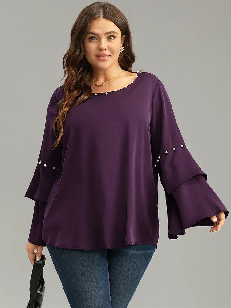 Anti-Wrinkle Pearl Beaded Ruffle Layered Sleeve Blouse