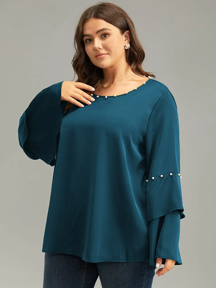 Anti-Wrinkle Pearl Beaded Ruffle Layered Sleeve Blouse
