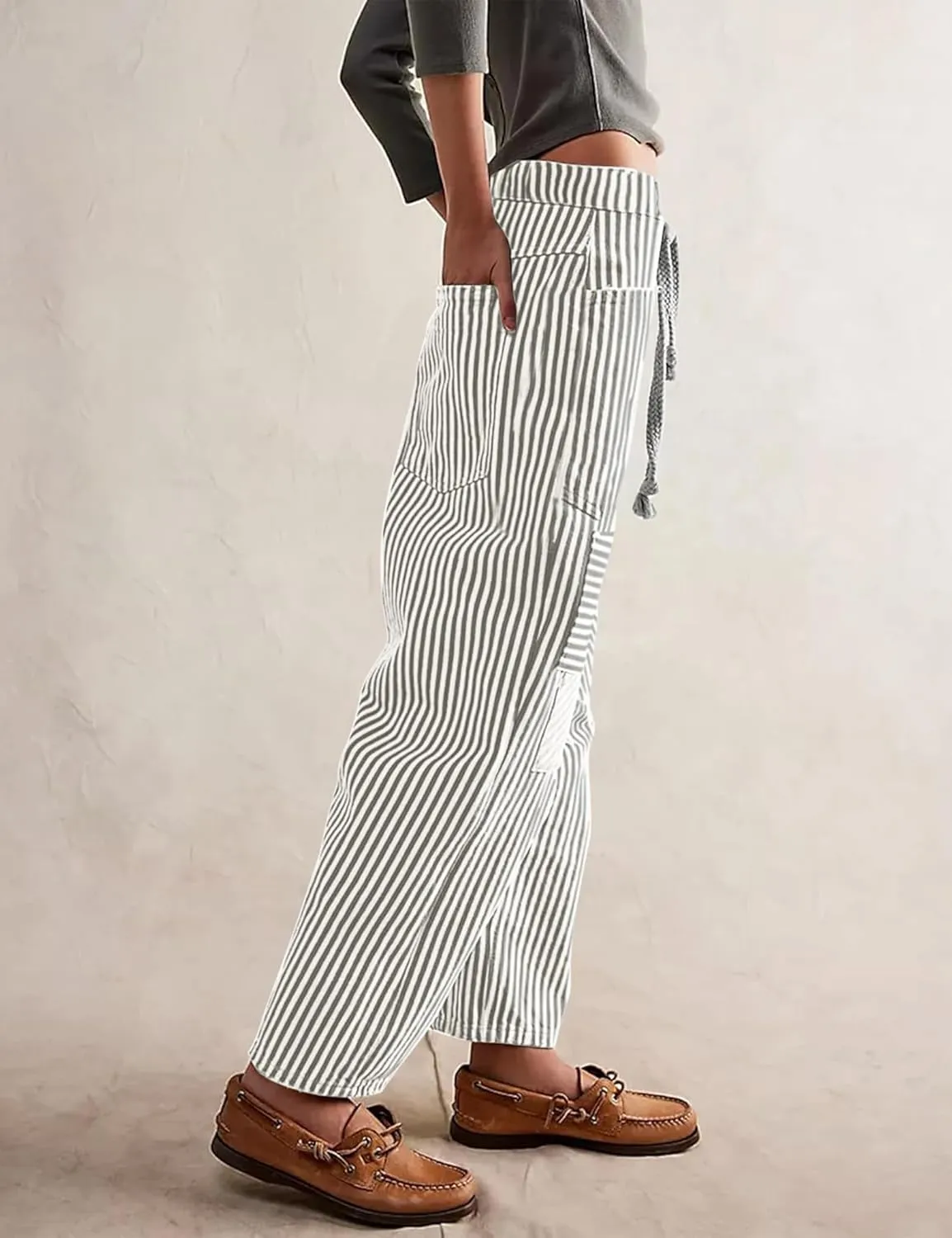 Baggy Barrel Jeans for Women Y2k Striped Drawstring High Waist Straight Wide Leg Boyfriend Jeans Mom Denim Pants