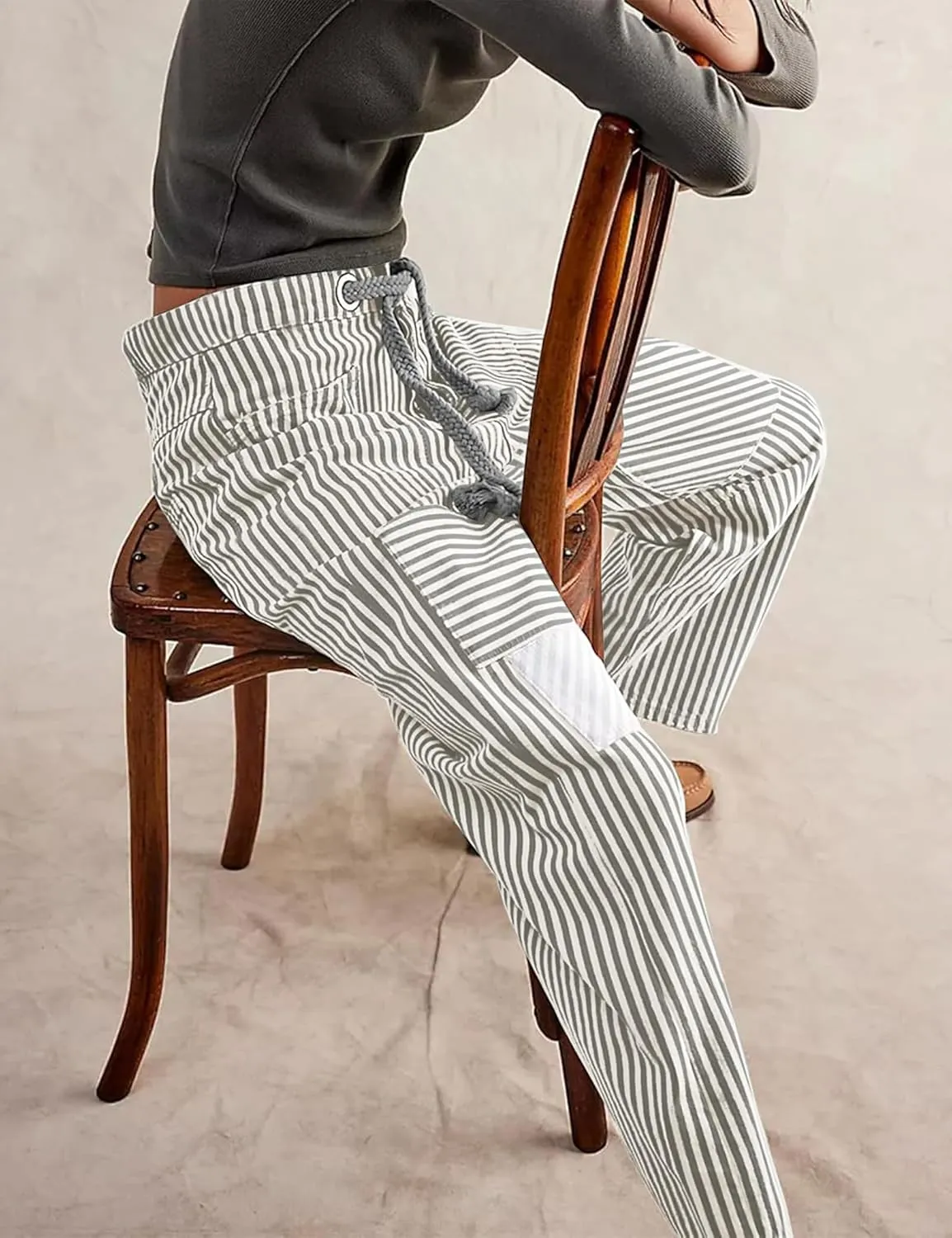 Baggy Barrel Jeans for Women Y2k Striped Drawstring High Waist Straight Wide Leg Boyfriend Jeans Mom Denim Pants