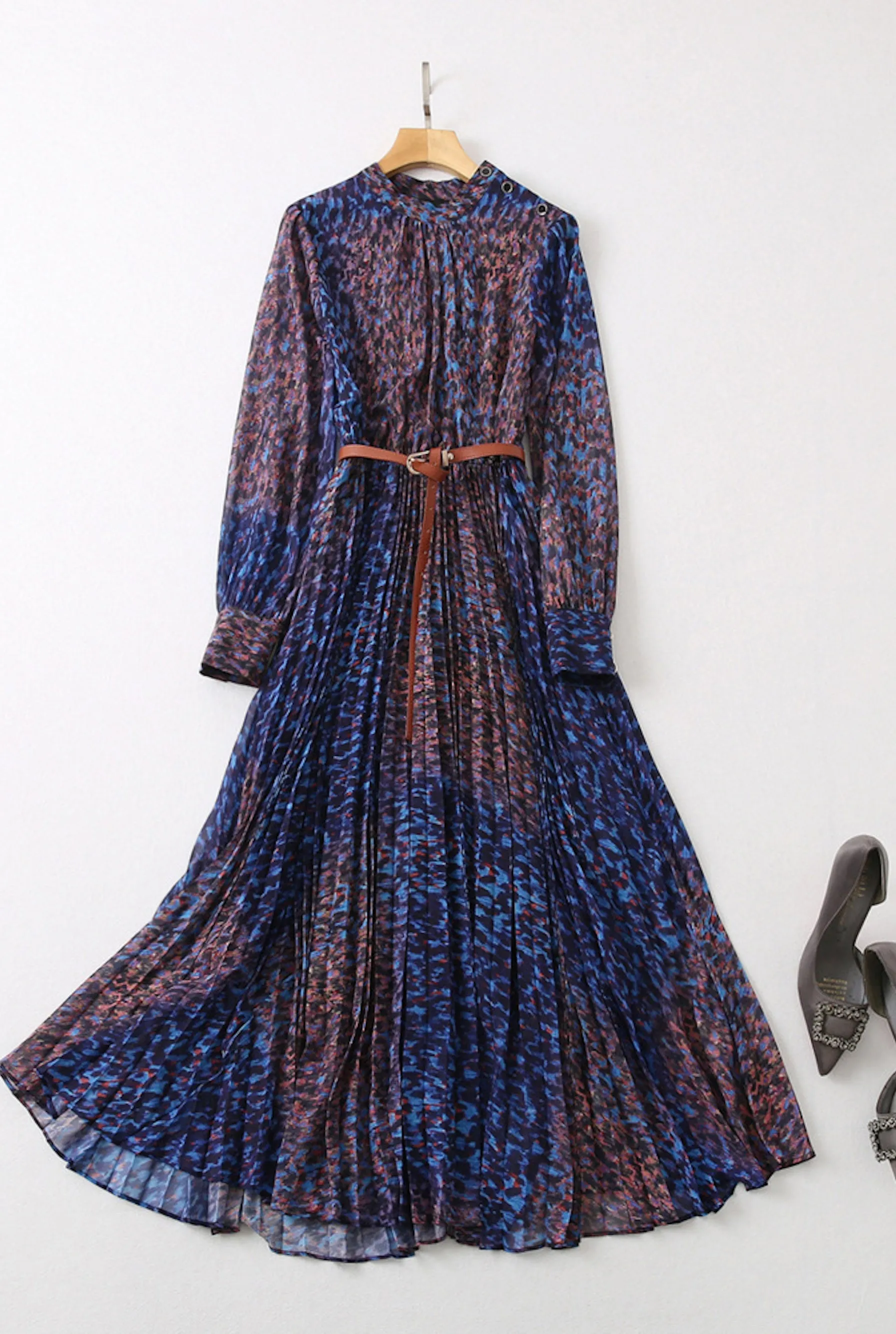 Boho Leopard Print Long Pleated Dress