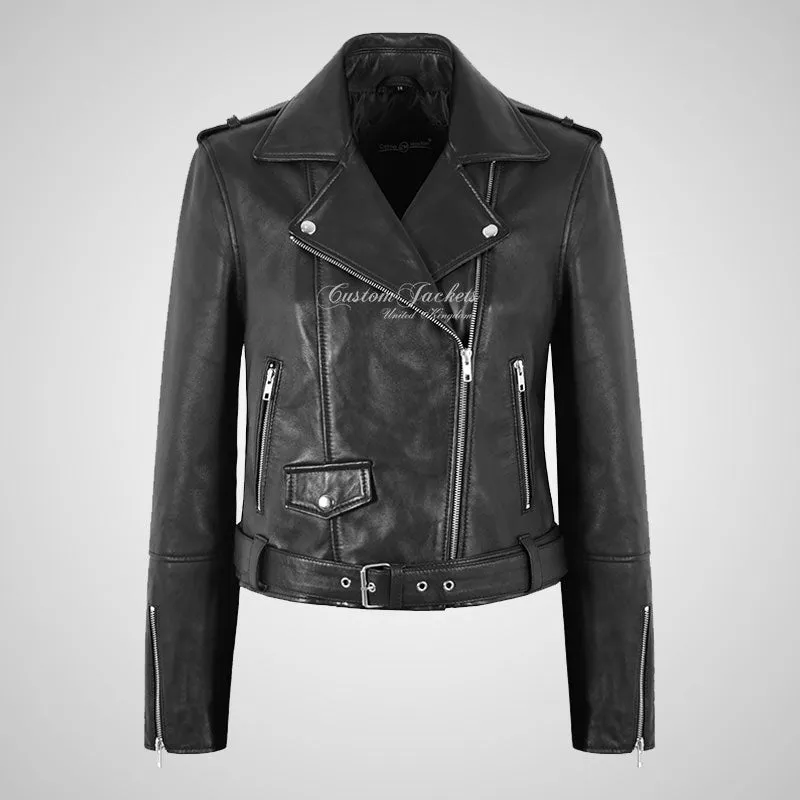 CHANDRA Ladies Biker Style Leather Jacket Black