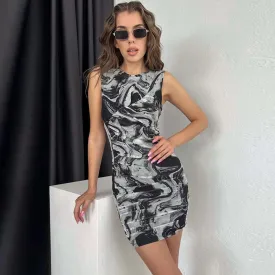 Chic Print Round Neck Sleeveless Bodycon Dress