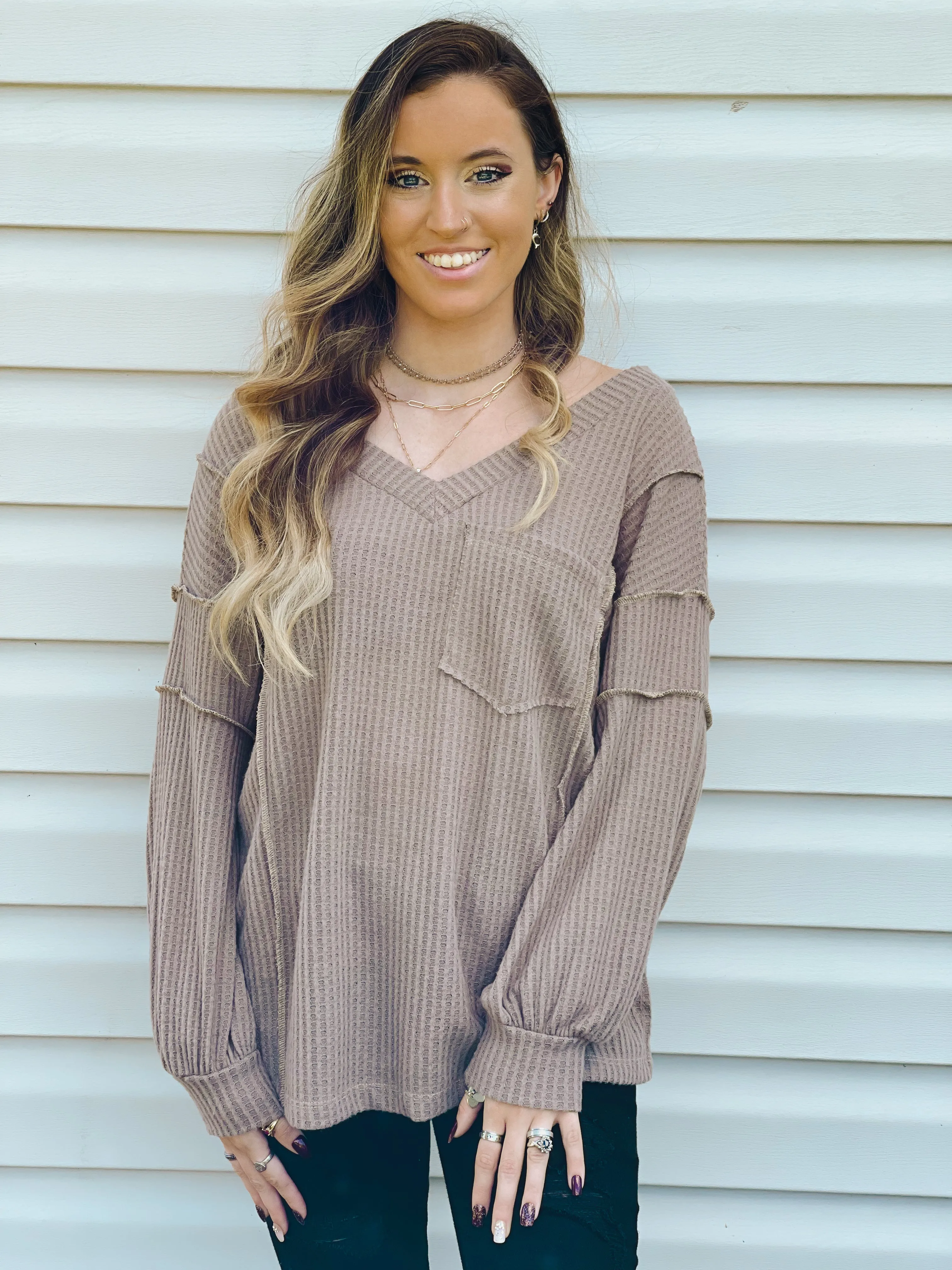 Cider Sippin' Waffle Knit Sweater In Mocha