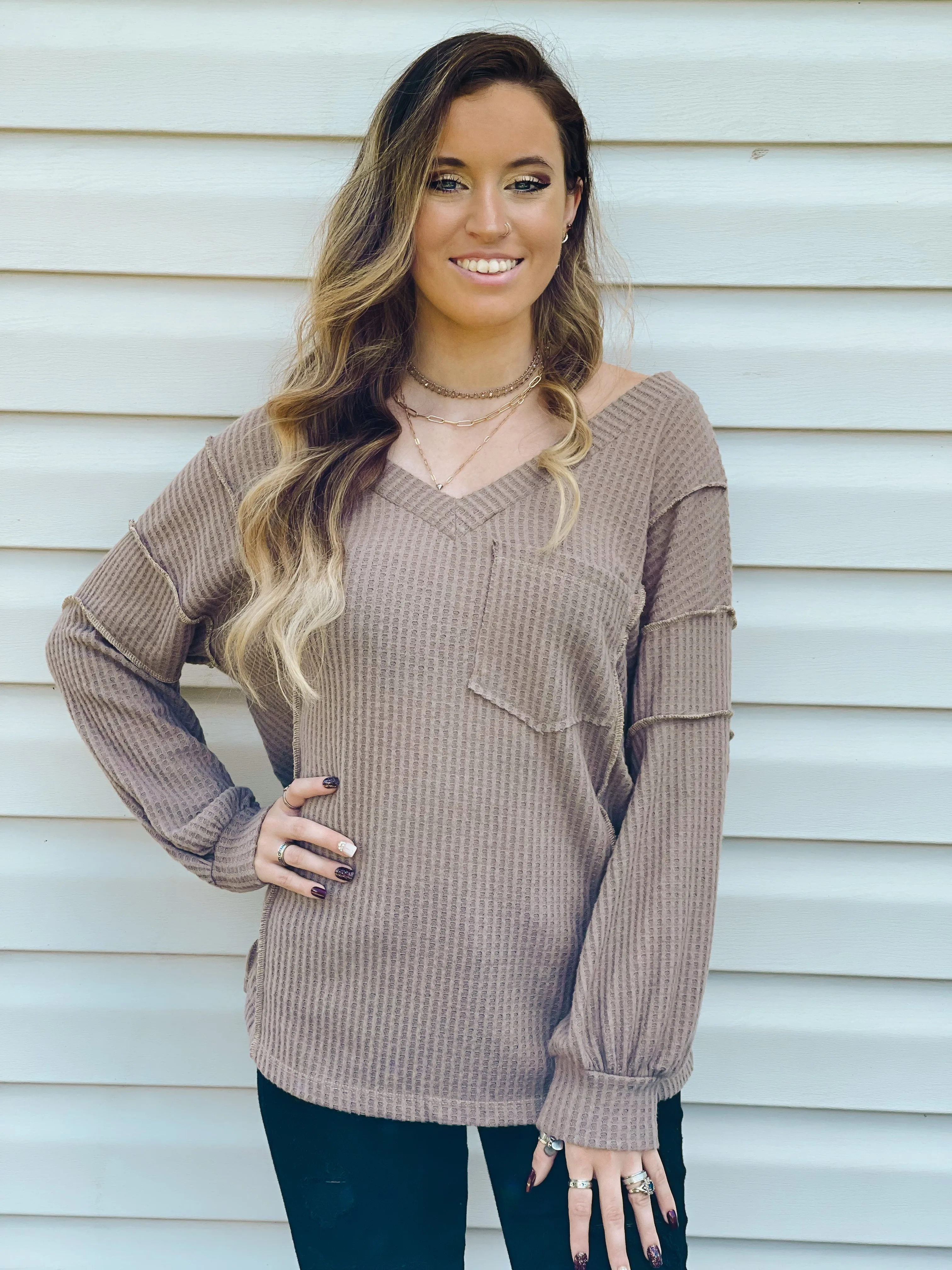Cider Sippin' Waffle Knit Sweater In Mocha