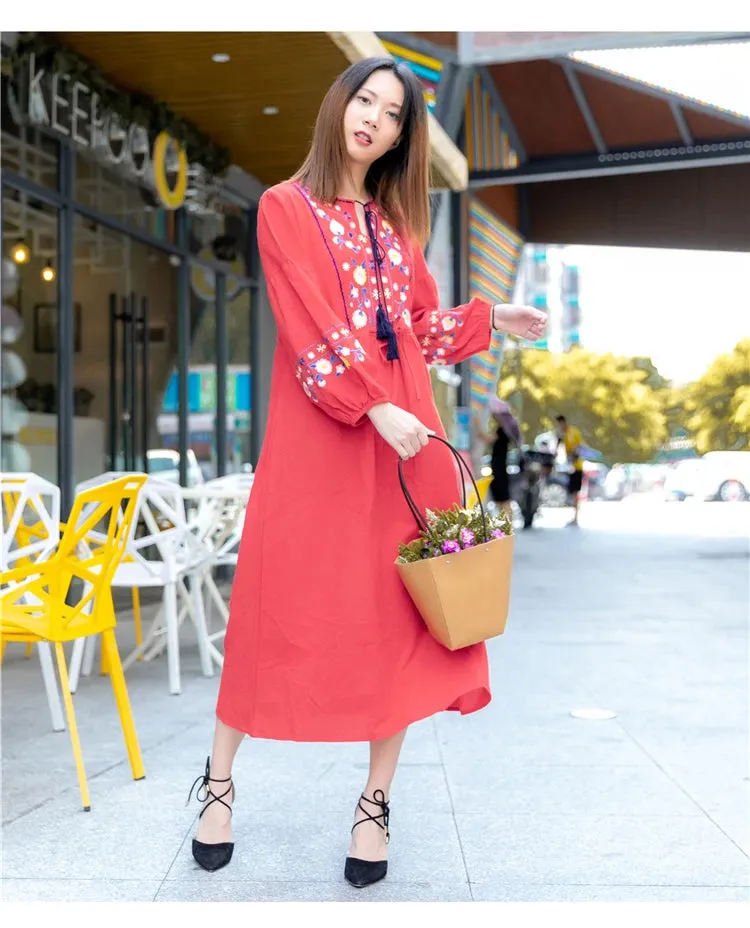 Cotton Floral Embroidered Maxi Dress O-neck Tassel Lantern Sleeve