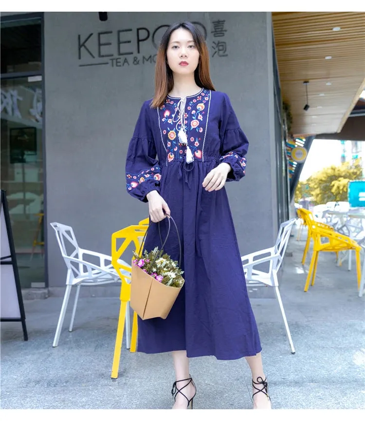 Cotton Floral Embroidered Maxi Dress O-neck Tassel Lantern Sleeve