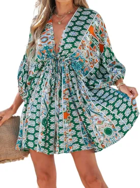 CUPSHE Women Casual Boho Sundress Summer Floral Print Tie Front Dress 3/4 Sleeves Paisley Beach Mini Dresses