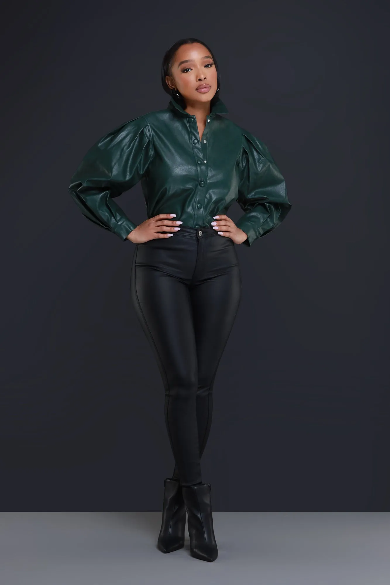 End Scene Faux Leather Blouse - Hunter Green
