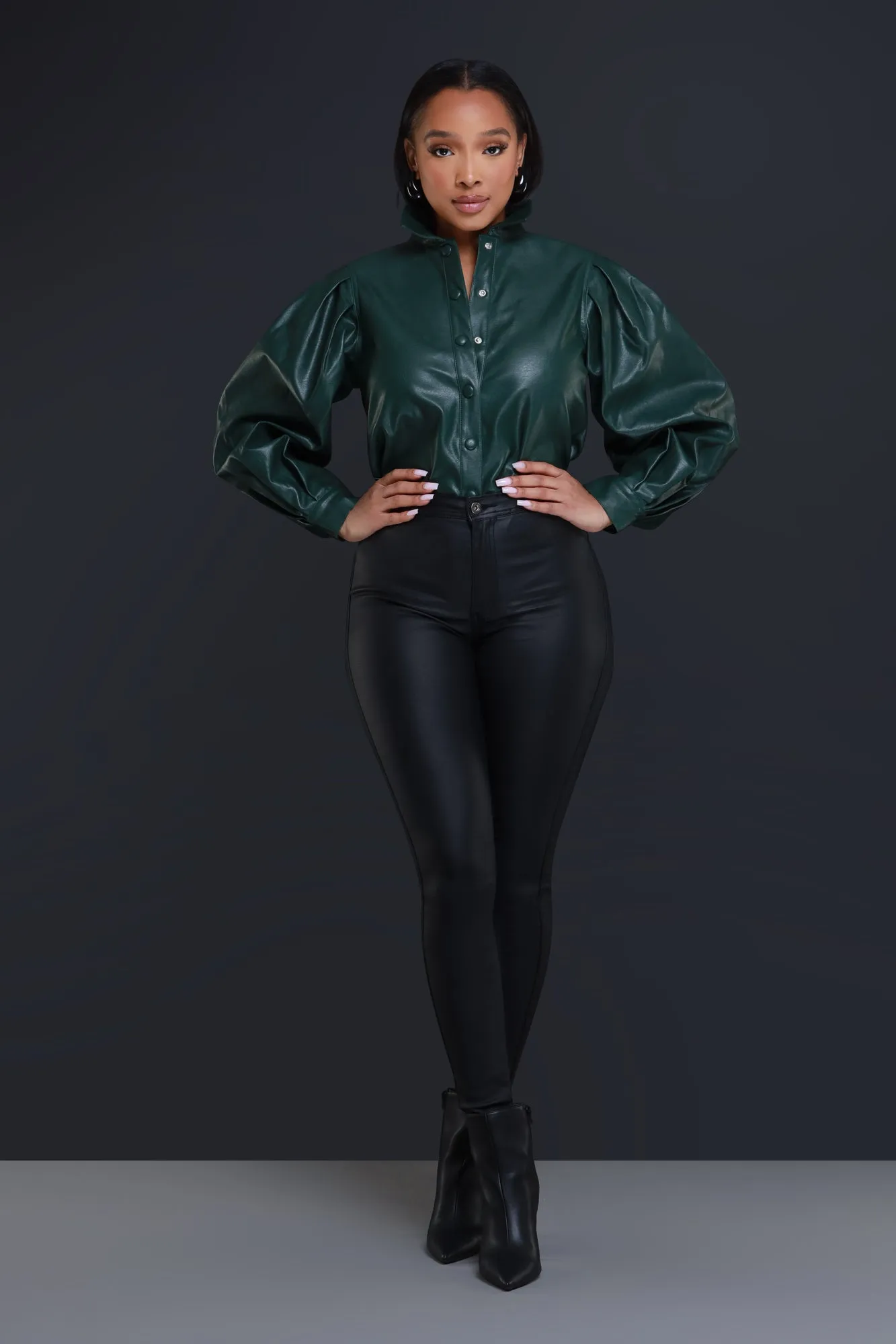 End Scene Faux Leather Blouse - Hunter Green