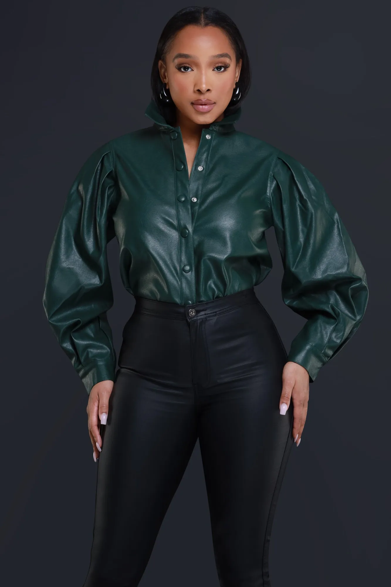 End Scene Faux Leather Blouse - Hunter Green