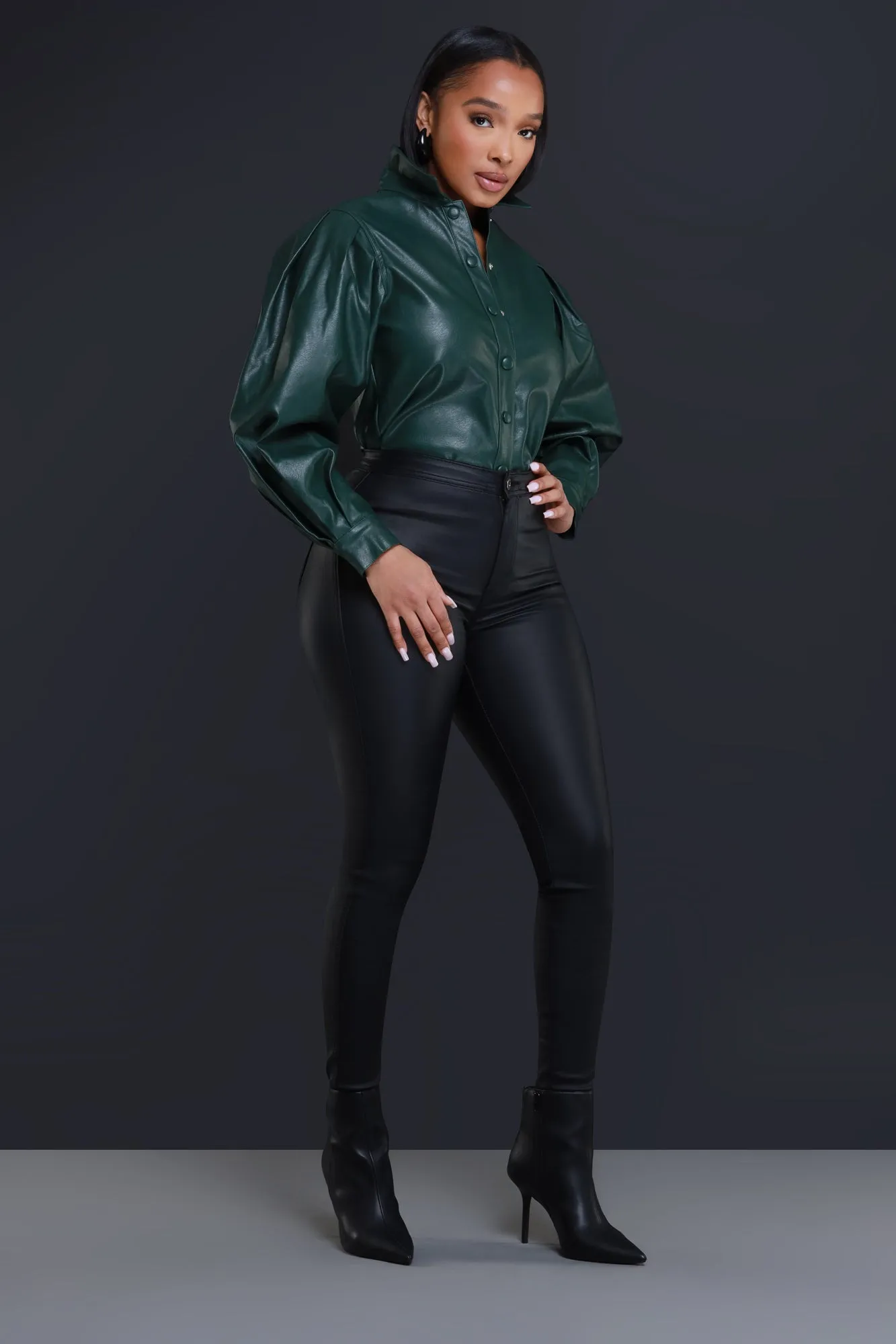 End Scene Faux Leather Blouse - Hunter Green