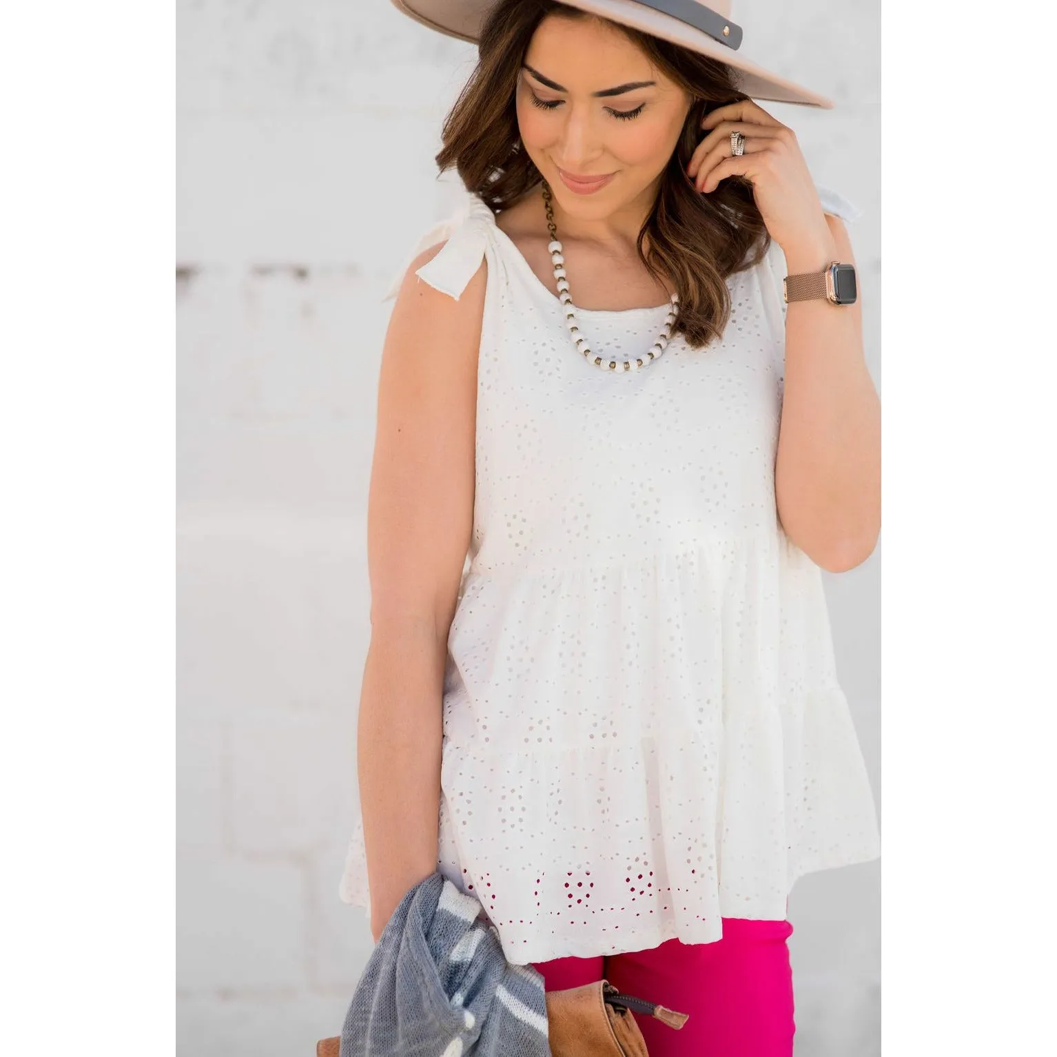 Eyelet Peplum Tie Tank