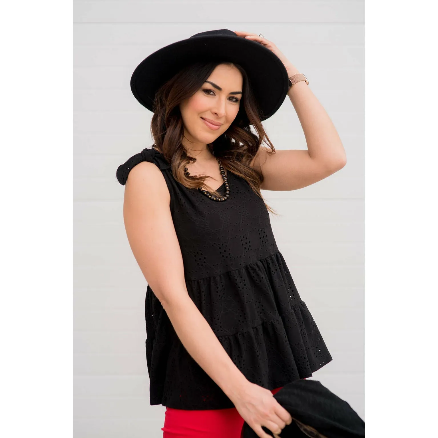 Eyelet Peplum Tie Tank
