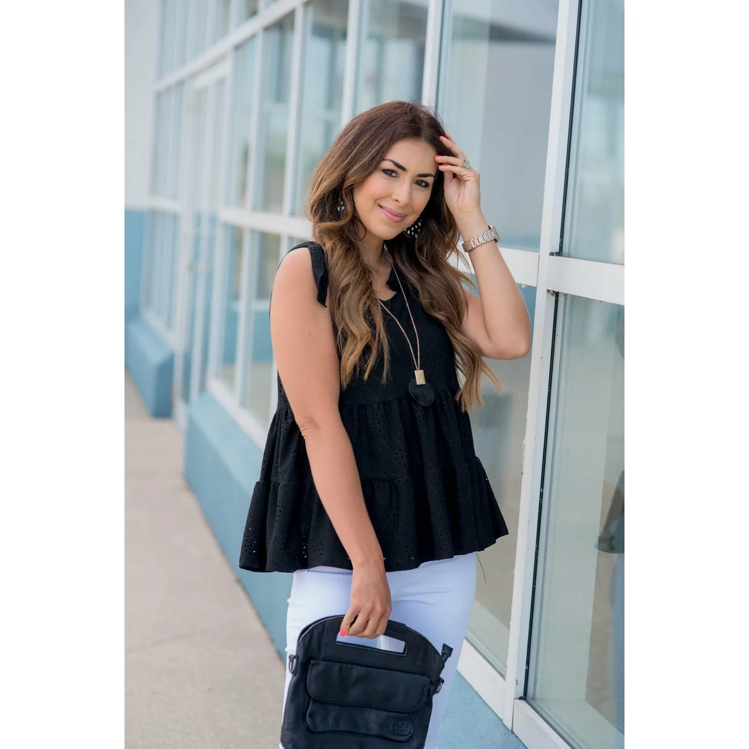 Eyelet Peplum Tie Tank