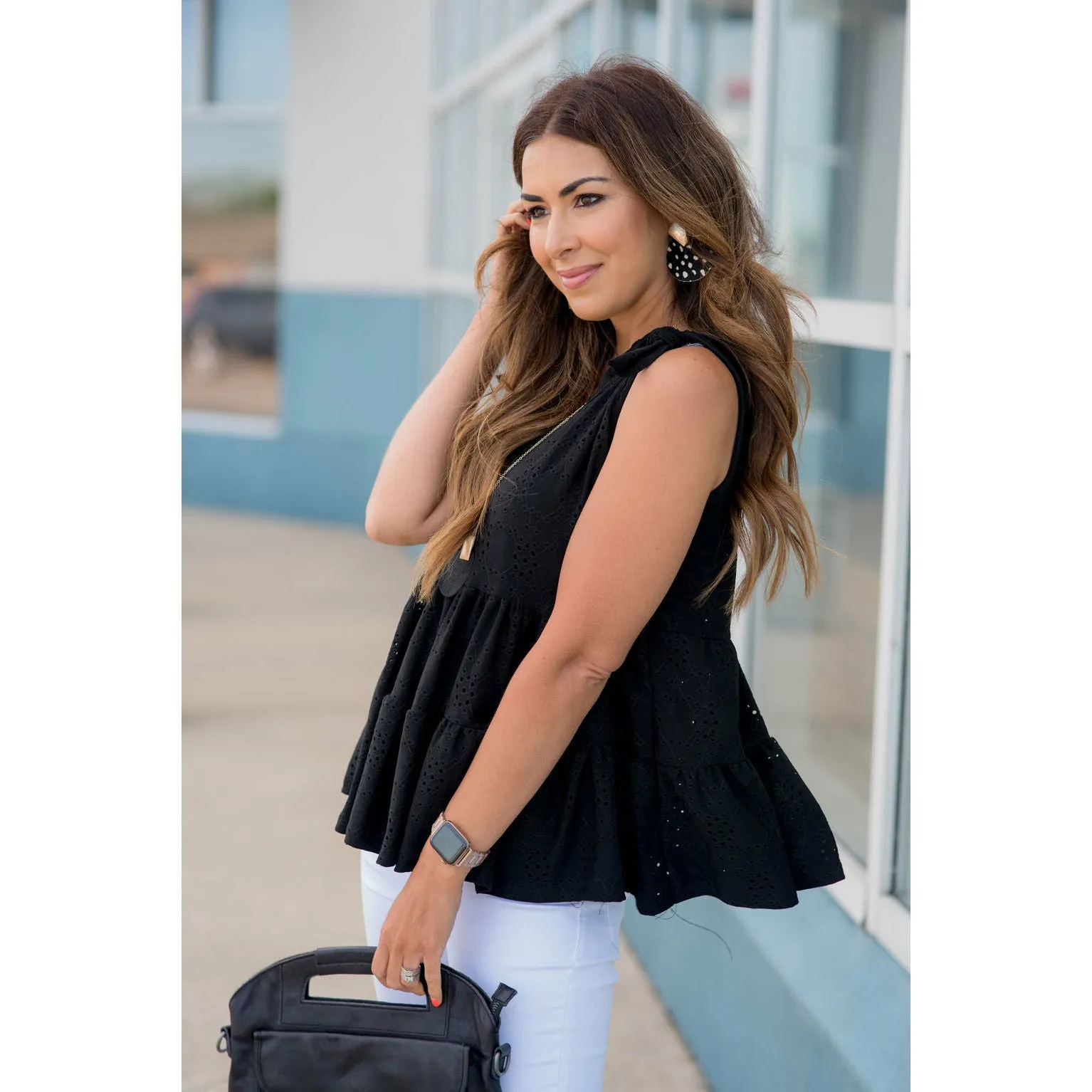 Eyelet Peplum Tie Tank