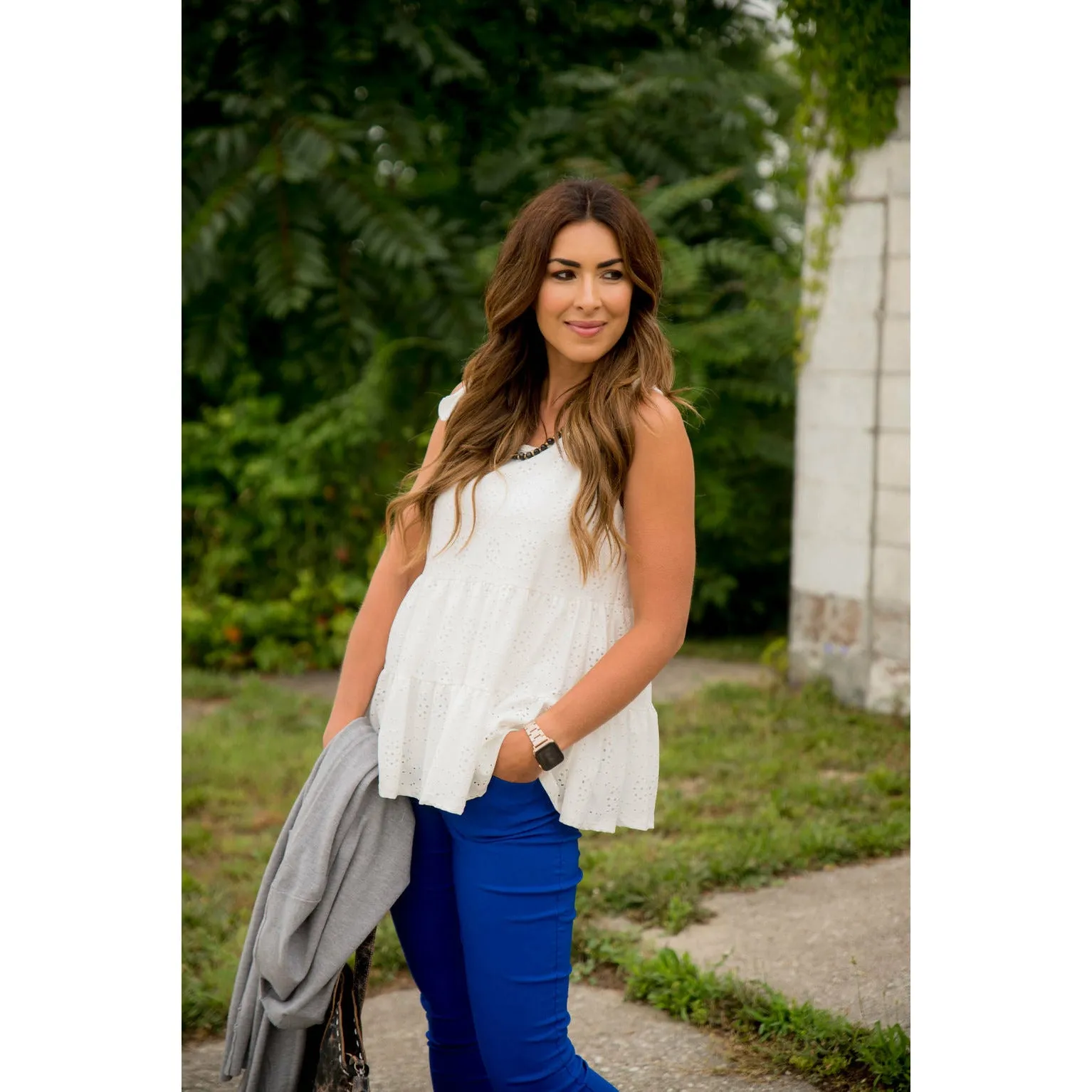 Eyelet Peplum Tie Tank
