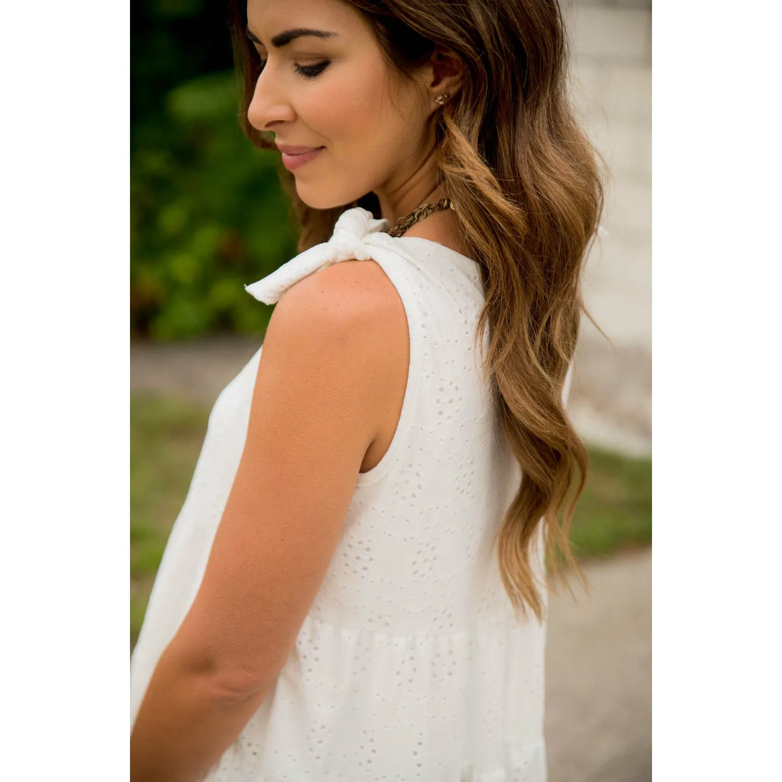 Eyelet Peplum Tie Tank