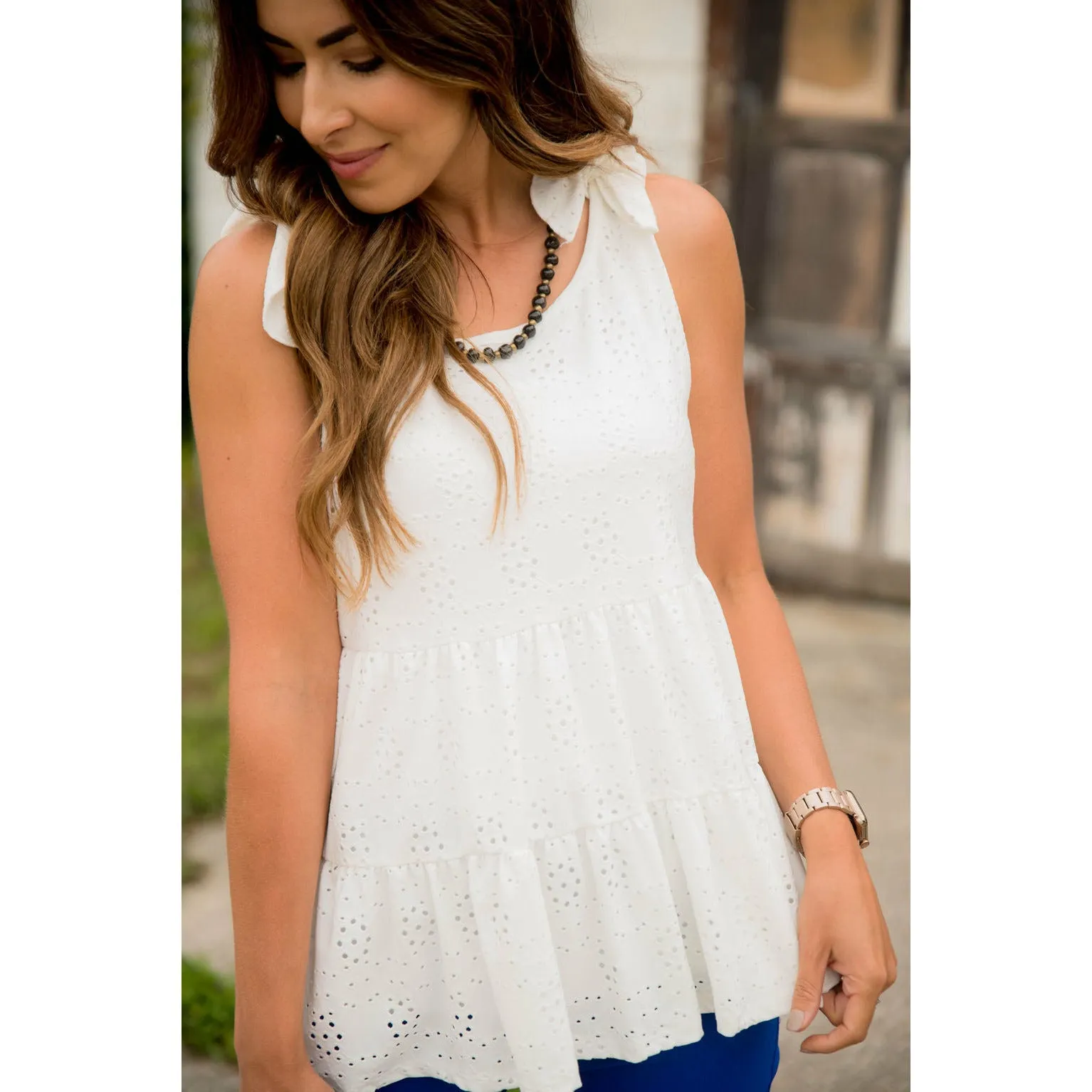 Eyelet Peplum Tie Tank