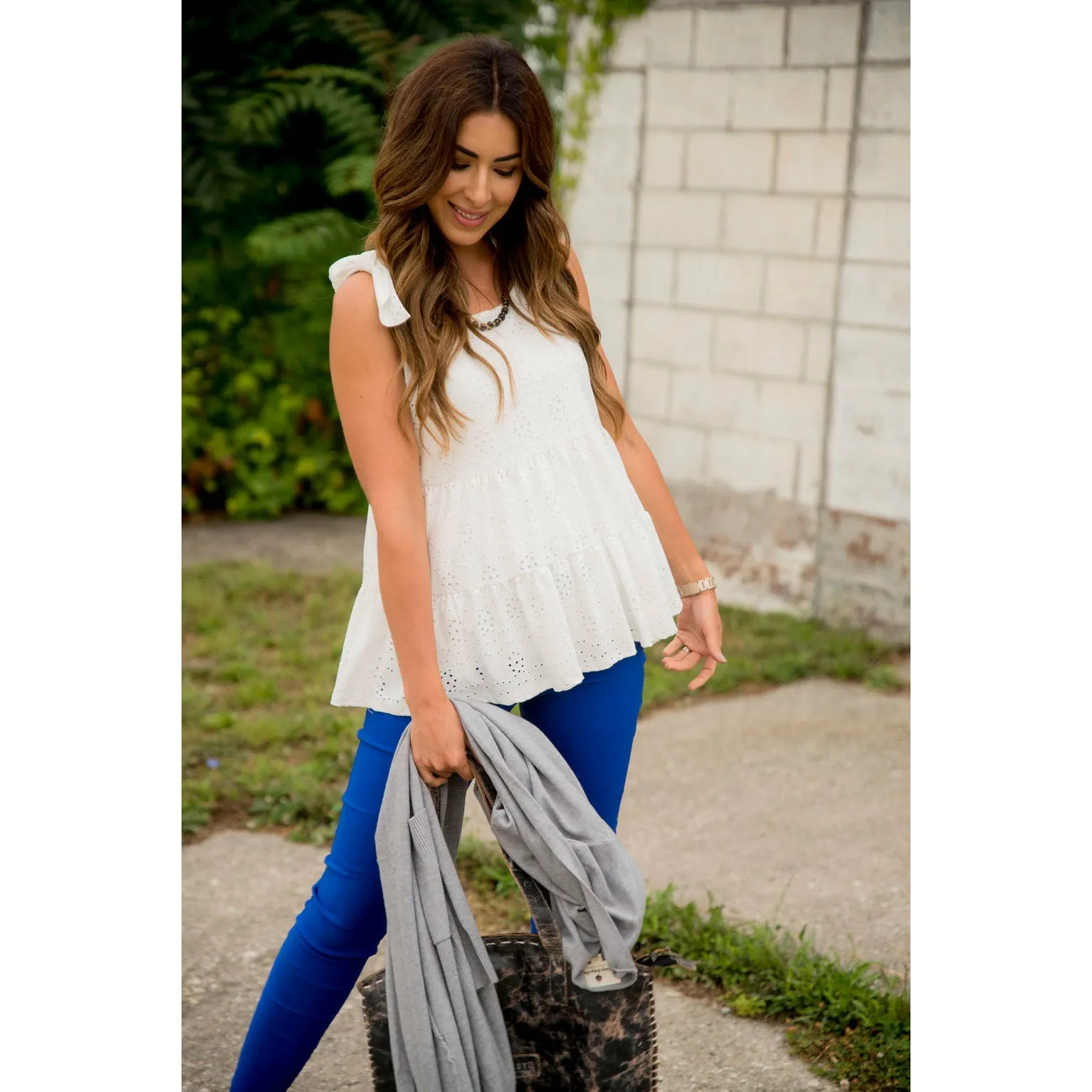 Eyelet Peplum Tie Tank