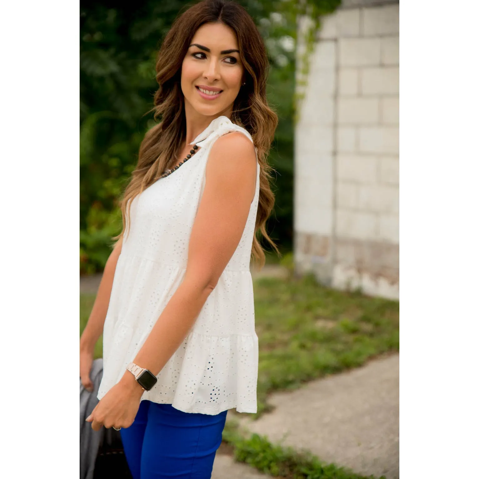 Eyelet Peplum Tie Tank