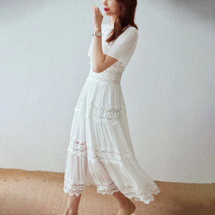 FashionSierra-Casual  Short Sleeve  Vintage  Floral Embroidery  Ruffles  Summer  Loose  Cotton Boho Dress