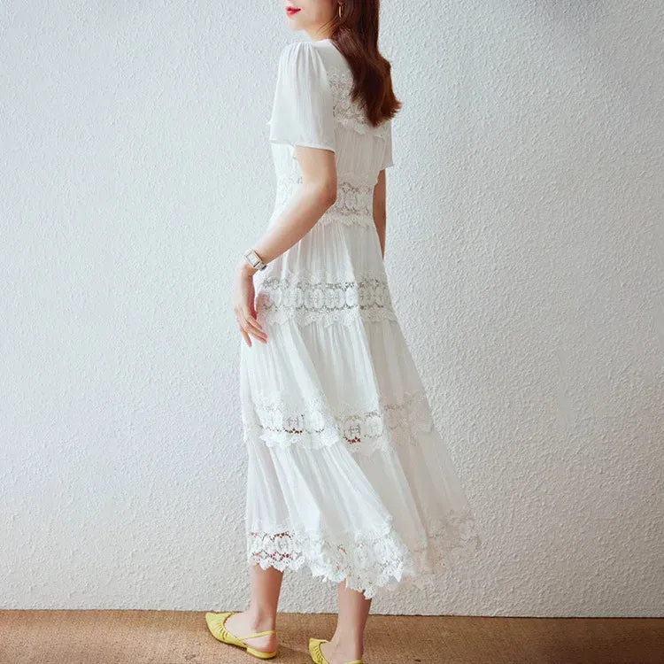 FashionSierra-Casual  Short Sleeve  Vintage  Floral Embroidery  Ruffles  Summer  Loose  Cotton Boho Dress