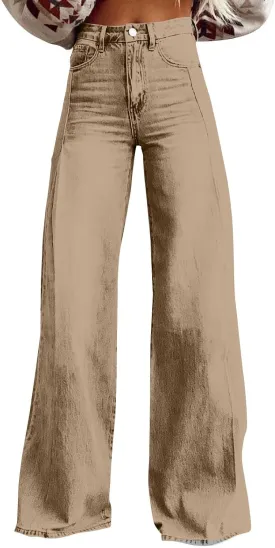 Flare Jeans for Women Vintage Wide Leg Boyfriend Baggy Stretchy High Waisted Denim Pants with Pockets
