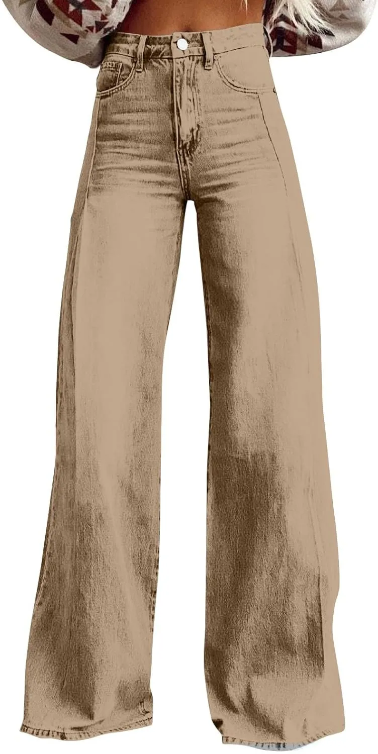 Flare Jeans for Women Vintage Wide Leg Boyfriend Baggy Stretchy High Waisted Denim Pants with Pockets