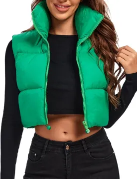 Fuinloth Women's Padded Vest, High Stand Collar Lightweight Zip Crop Puffer Gilet