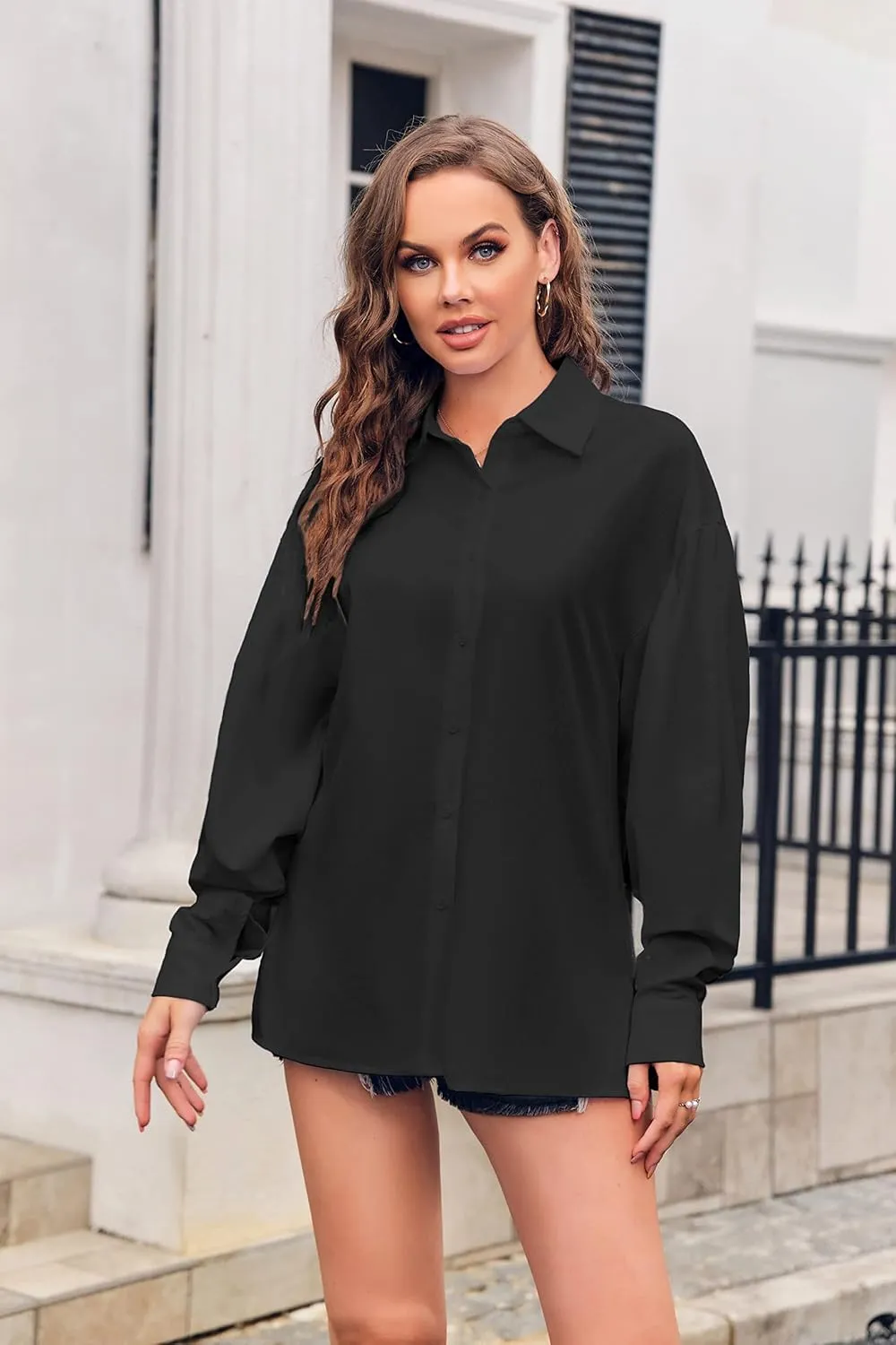 Gafeng Womens Long Sleeve Button Down Linen Shirts Casual Business Loose Fit Balloon Sleeve Work Office Blouses Tops