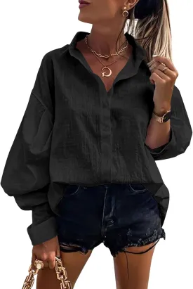 Gafeng Womens Long Sleeve Button Down Linen Shirts Casual Business Loose Fit Balloon Sleeve Work Office Blouses Tops