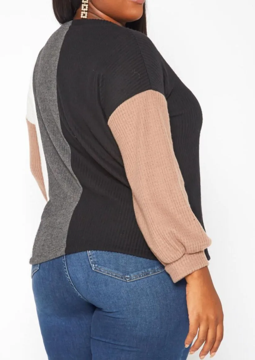 Hi Curvy Plus Size Color Block Waffle Knit Sweater