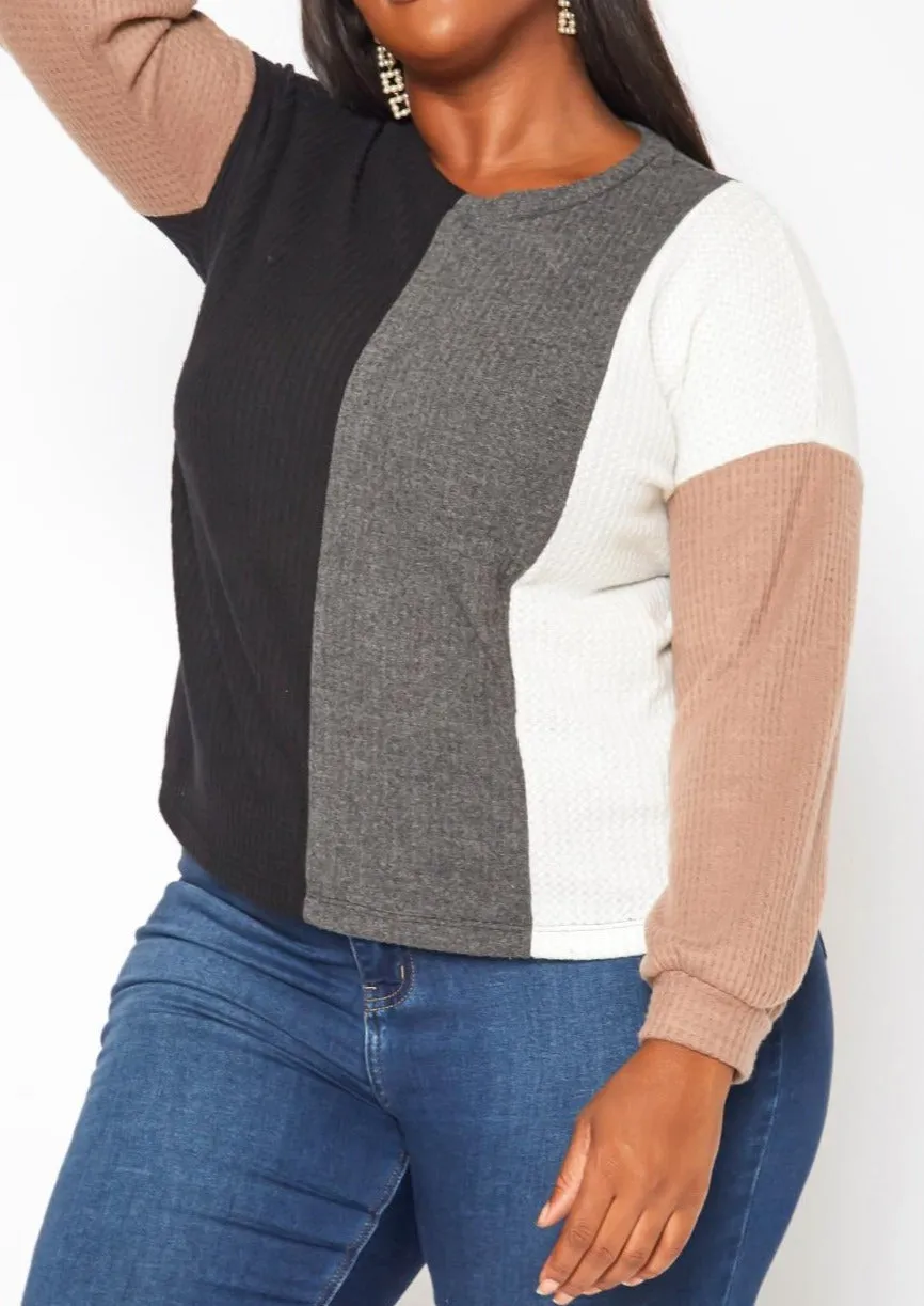 Hi Curvy Plus Size Color Block Waffle Knit Sweater
