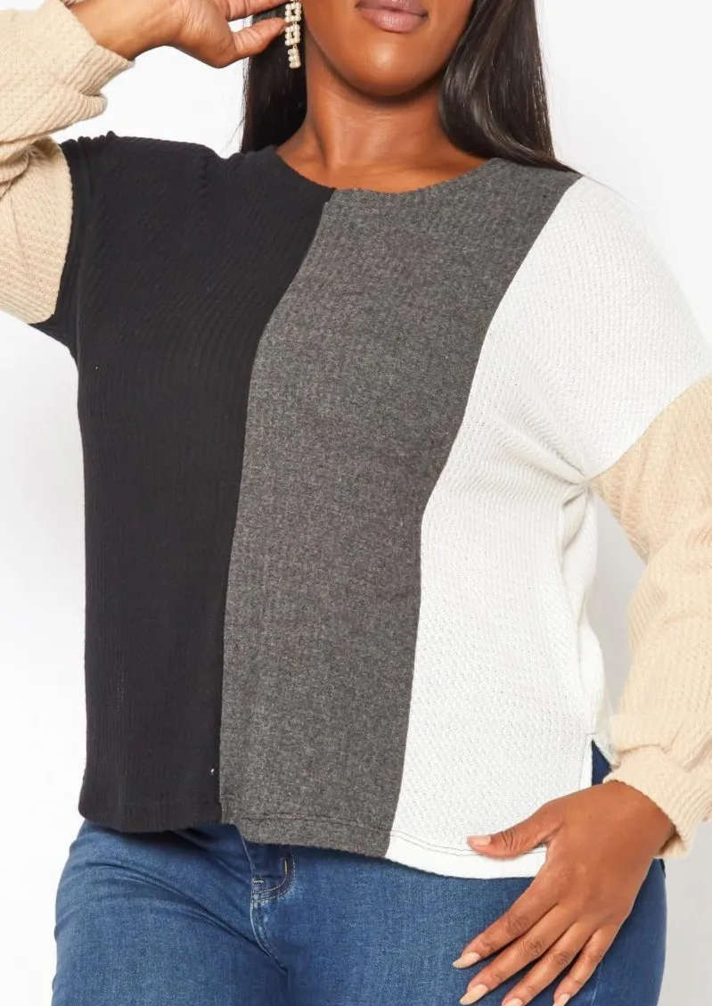 Hi Curvy Plus Size Color Block Waffle Knit Sweater