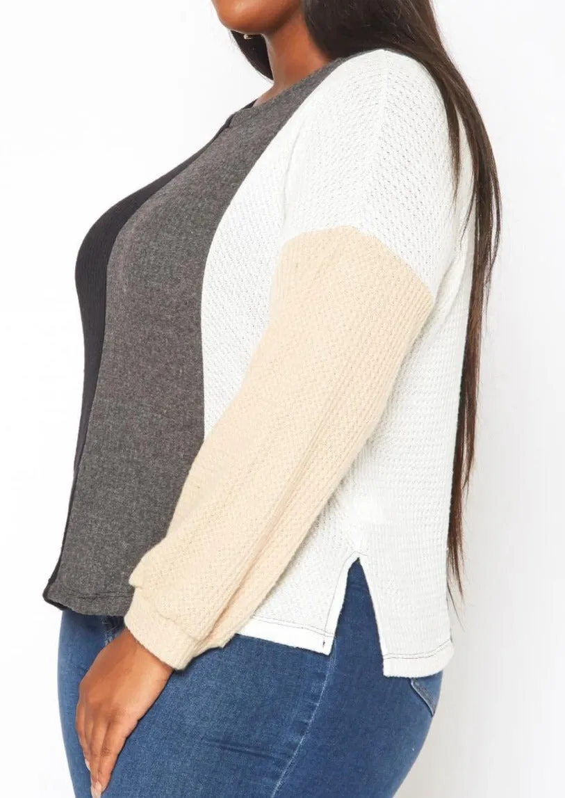 Hi Curvy Plus Size Color Block Waffle Knit Sweater