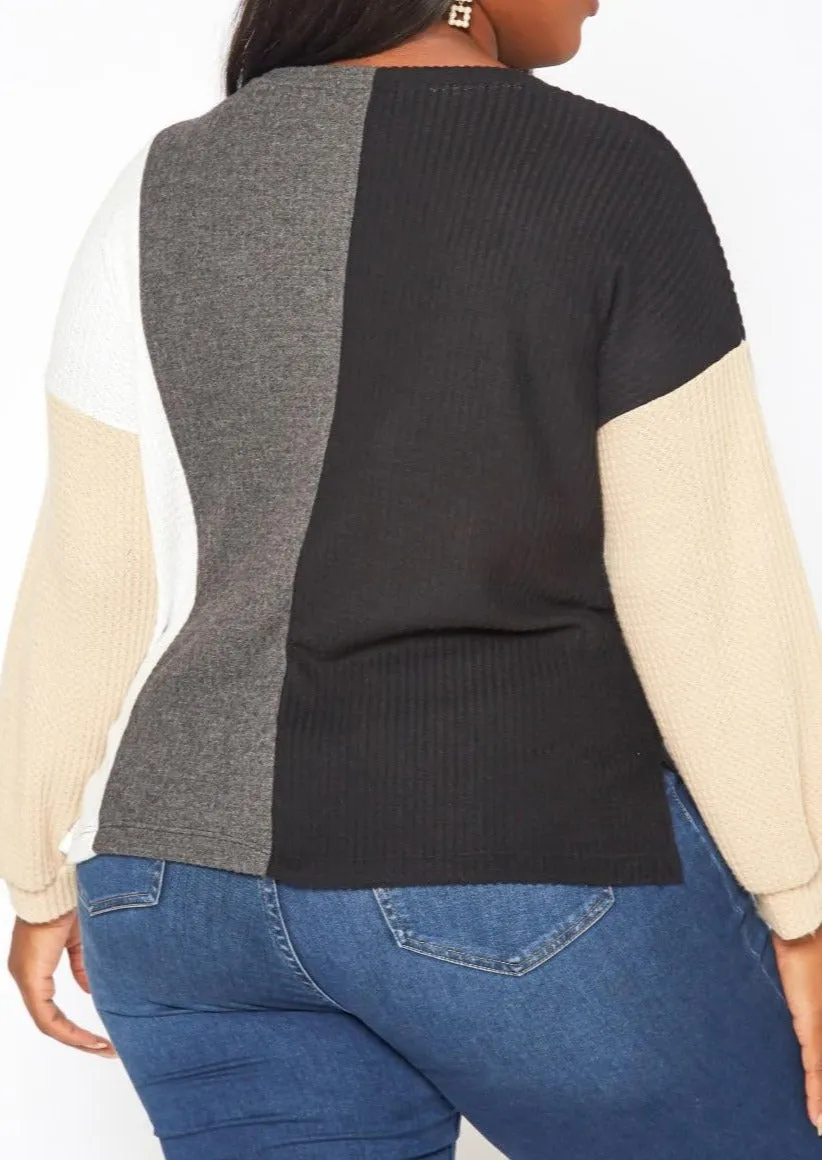 Hi Curvy Plus Size Color Block Waffle Knit Sweater