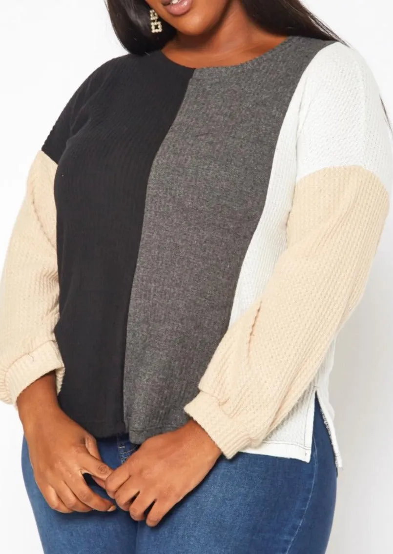 Hi Curvy Plus Size Color Block Waffle Knit Sweater