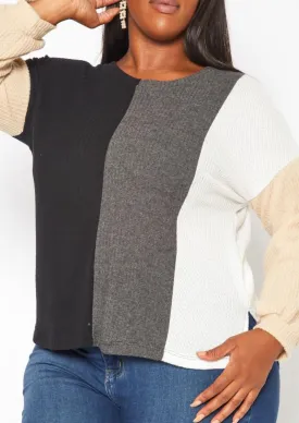 Hi Curvy Plus Size Color Block Waffle Knit Sweater